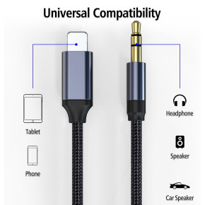 Кабел AUX за музика - 3.5мм към Apple iPhone /Lightning connector/ черен